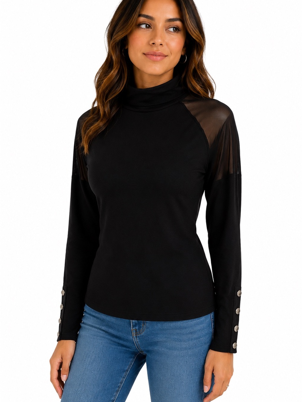 Women’s Black Mock Neck Long-Sleeve Top with Sheer Shoulder Panels